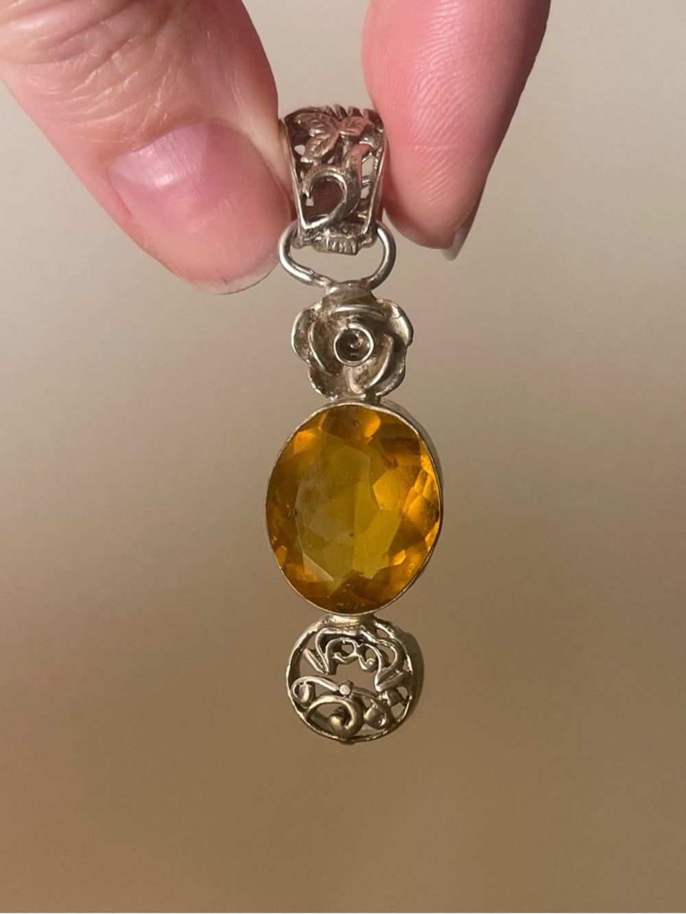 Sterling Silver Amber-Colored Faceted Stone Pendant
